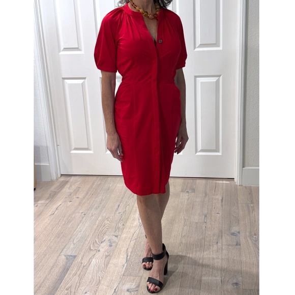 Diane Von Furstenberg Puff Sleeve Button-up Midi Dress - Red Size 2 - Picture 2 of 13
